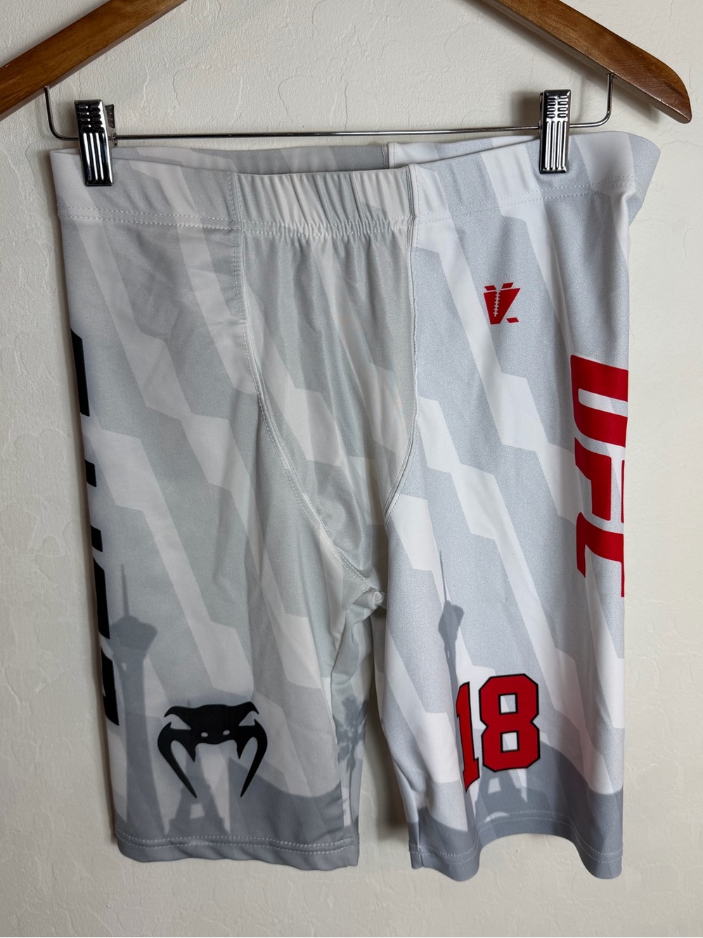 UFC White and Gray Camo Athletic Shorts with Red Logos